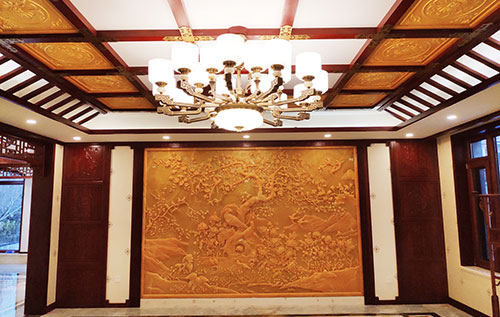 通州中式别墅客厅中式木作横梁吊顶装饰展示